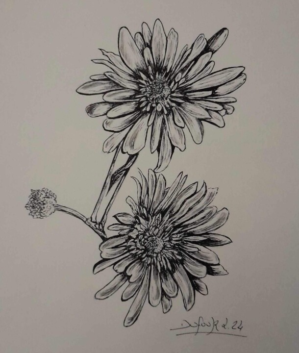 Drawing titled "Fines fleurs" by Laurence Dufour, Original Artwork, Gel pen