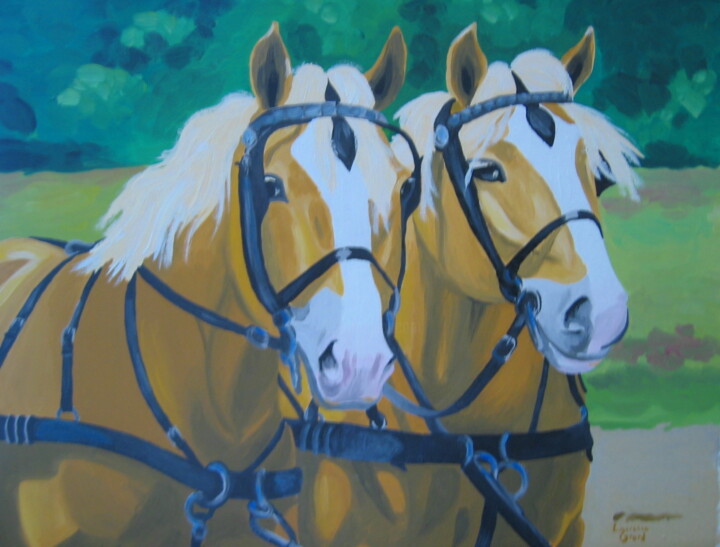 Painting titled "Haflingers" by Laurence Grard Guenard, Original Artwork, Oil Mounted on Cardboard