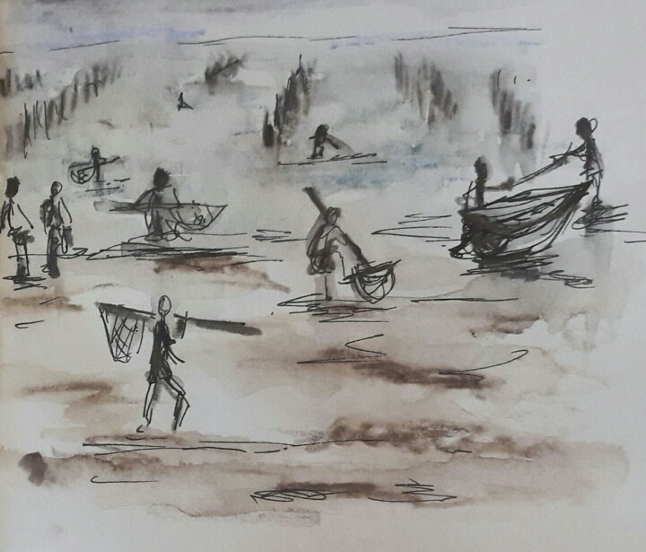 Drawing titled "les grandes marées" by Laurence Krebs, Original Artwork, Ink