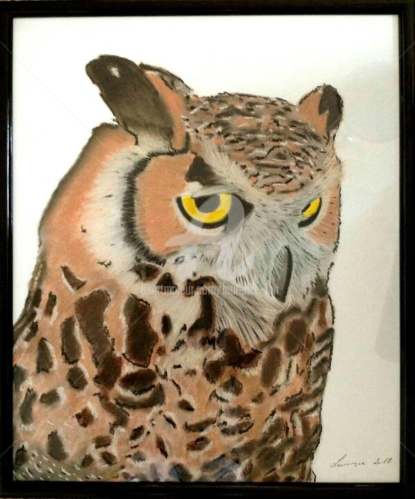 Tekening getiteld "LE HIBOU" door Laurence Lbn, Origineel Kunstwerk, Krijt Gemonteerd op Houten paneel