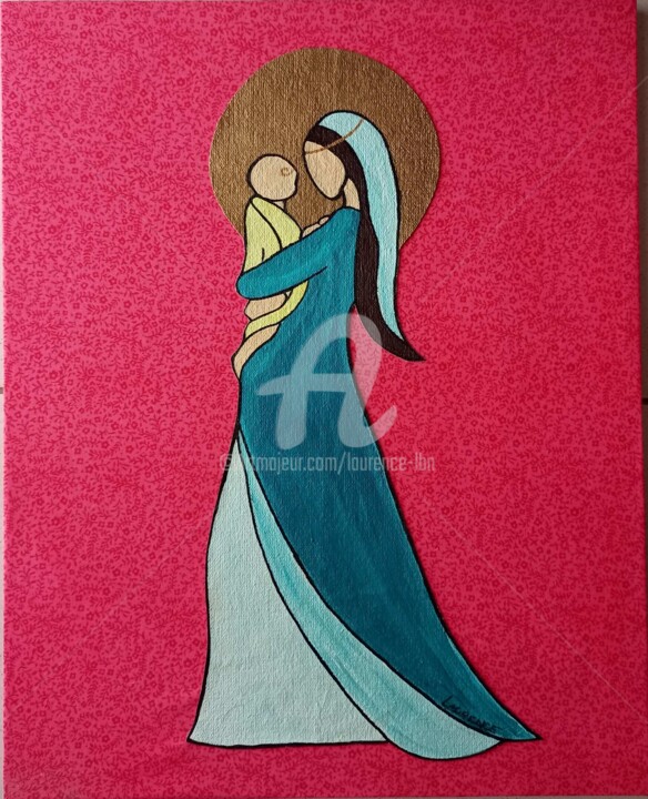 Painting titled "Vierge et l'enfant" by Laurence Lbn, Original Artwork, Acrylic Mounted on artwork_cat.