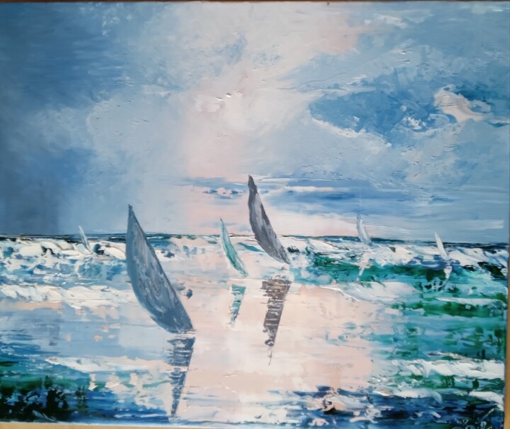 Peinture intitulée "Bateaux au lever du…" par Laurence Masson, Œuvre d'art originale, Huile Monté sur Châssis en bois