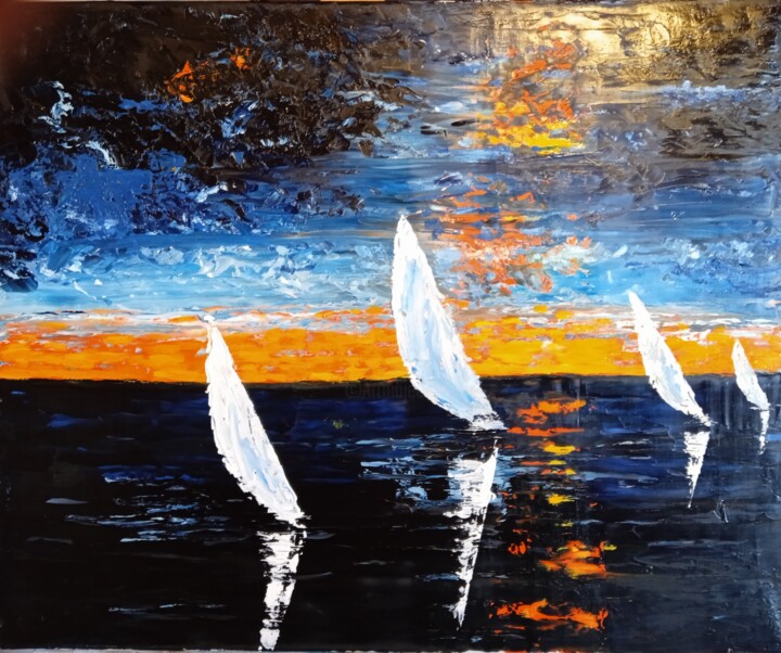 Peinture intitulée "Bateaux au coucher…" par Laurence Masson, Œuvre d'art originale, Huile Monté sur Châssis en bois