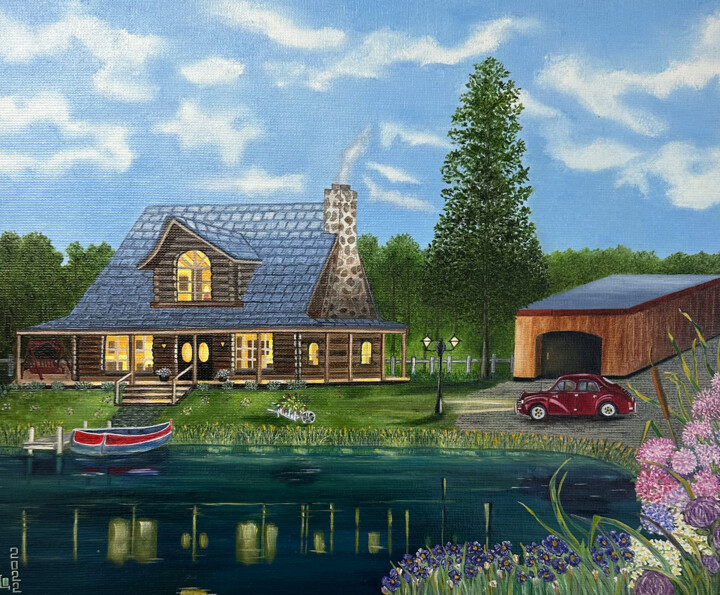 Painting titled "La maison du lac" by Laurence Oeillet, Original Artwork, Oil