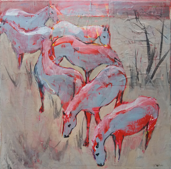 Peinture intitulée "Juments en Camargue" par Laurence Poitrin, Œuvre d'art originale, Acrylique Monté sur Châssis en bois