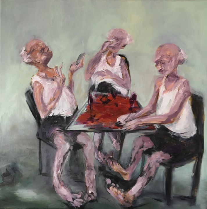 Peinture intitulée "La partie de cartes" par Laurence Pustoc'H, Œuvre d'art originale, Huile Monté sur Châssis