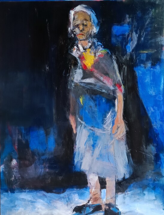 Painting titled "le tablier bleu" by Laurence Pustoc'H, Original Artwork, Oil Mounted on Wood Stretcher frame