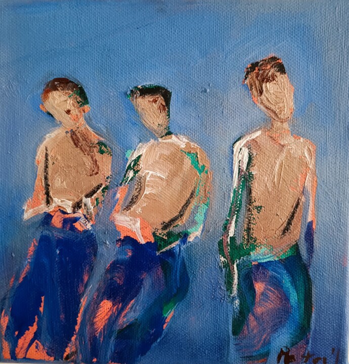 Peinture intitulée "les copains" par Laurence Pustoc'H, Œuvre d'art originale, Huile Monté sur Châssis en bois
