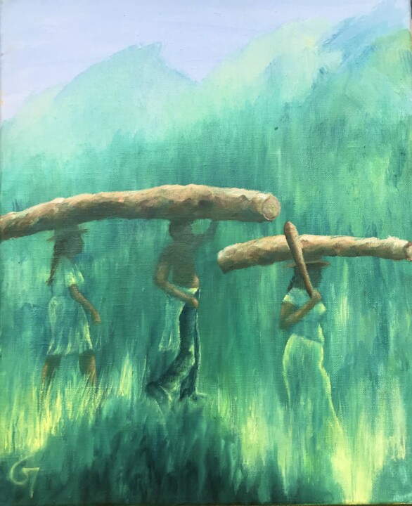 Painting titled "Logs journey in the…" by Laurence Blanchard, Original Artwork, Oil Mounted on Wood Stretcher frame
