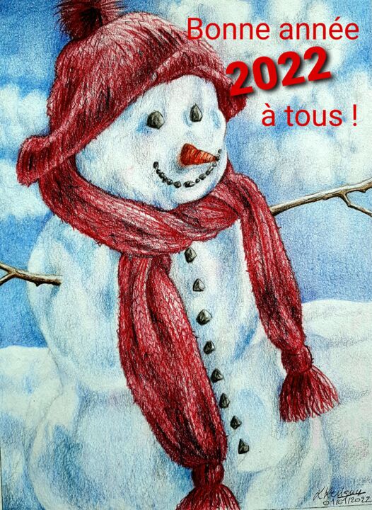 Dessin intitulée "Bonhomme de neige" par Laurence Keriguy, Œuvre d'art originale, Crayon