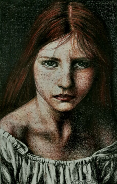 Drawing titled "Jeune fille rousse" by Laurence Keriguy, Original Artwork, Pencil