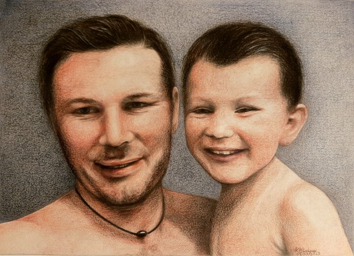 Dessin intitulée "Mael et son papa" par Laurence Keriguy, Œuvre d'art originale, Crayon