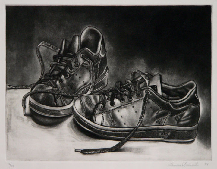 Gravures & estampes intitulée "Les souliers de Max…" par Laurence Prévost, Œuvre d'art originale, Gravure