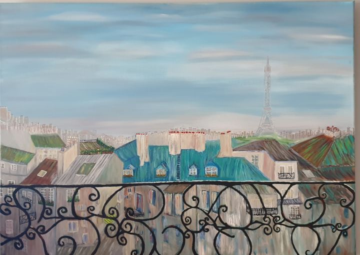 Painting titled "VIEW OF PARIS" by Laurent Arese, Original Artwork, Oil Mounted on Wood Stretcher frame