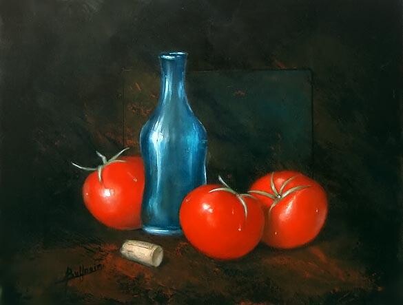 Painting titled "Trois tomates" by Laurent Buffnoir, Original Artwork, Oil