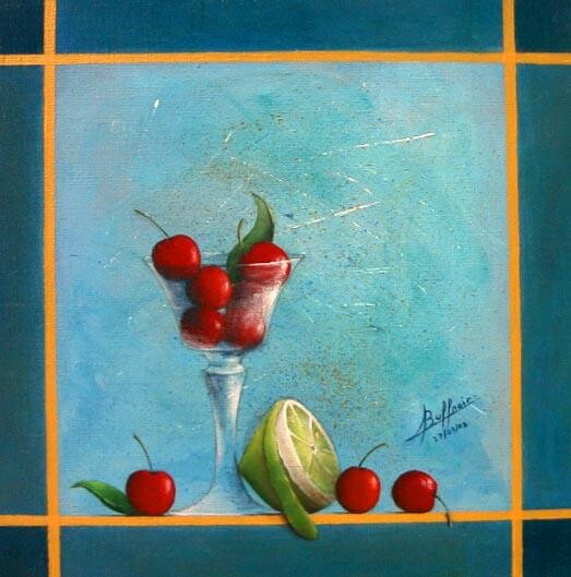 Painting titled "Cerises et citrons…" by Laurent Buffnoir, Original Artwork, Oil