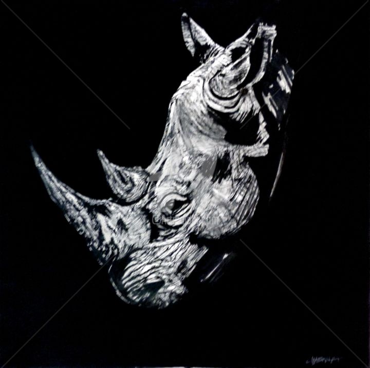 Malerei mit dem Titel "Rhino 3" von Laurent Chabrillat, Original-Kunstwerk, Tinte