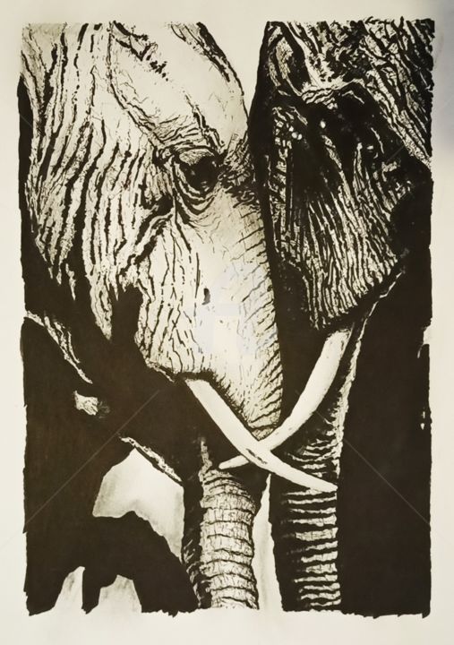 Dessin intitulée "Câlin d'éléphants #…" par Laurent Chabrillat, Œuvre d'art originale, Marqueur