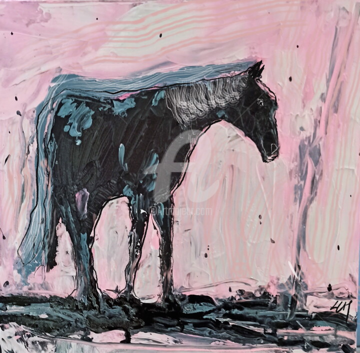 Картина под названием "Le cheval noir" - Laurent Chabrillat, Подлинное произведение искусства, Акрил