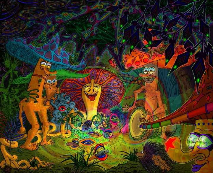 Digitale Kunst getiteld "Mushroom party" door Naturel Irtiched, Origineel Kunstwerk, 2D Digital Work