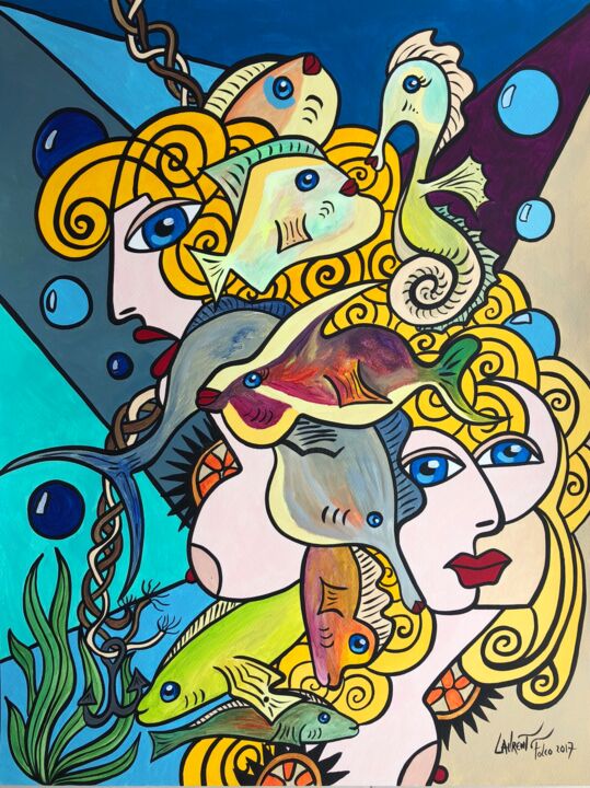 Painting titled "Les poissons." by Laurent Folco, Original Artwork, Acrylic