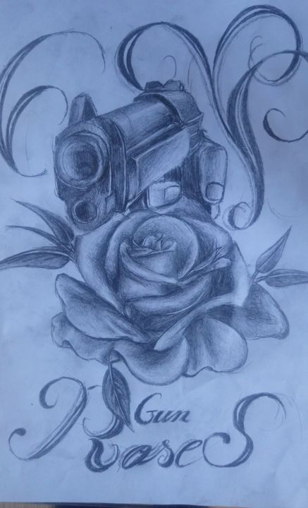 Drawing titled "Gun and roses" by Pencil Man, Original Artwork, Pencil