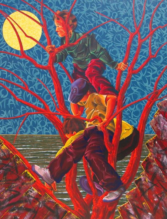 Картина под названием "L'arbre" - Laurent Messager, Подлинное произведение искусства, Масло Установлен на Деревянная рама дл…