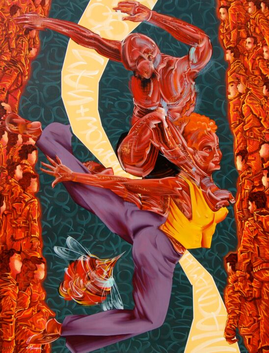 Painting titled "Human Dance" by Laurent Messager, Original Artwork, Oil Mounted on Wood Stretcher frame