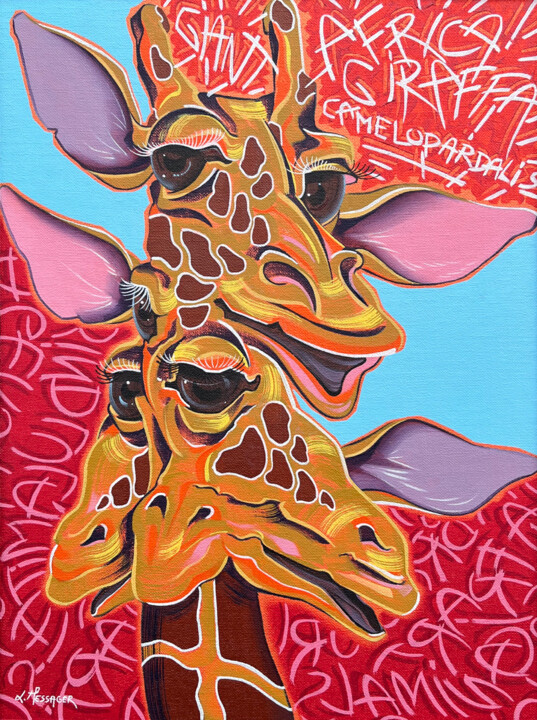 Schilderij getiteld "Giraffa" door Laurent Messager, Origineel Kunstwerk, Olie Gemonteerd op Andere stijve panelen