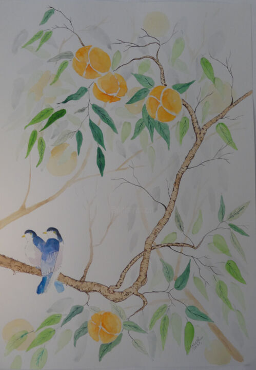 Pintura intitulada "Oiseaux bleu" por Laurent Senechau, Obras de arte originais, Aquarela