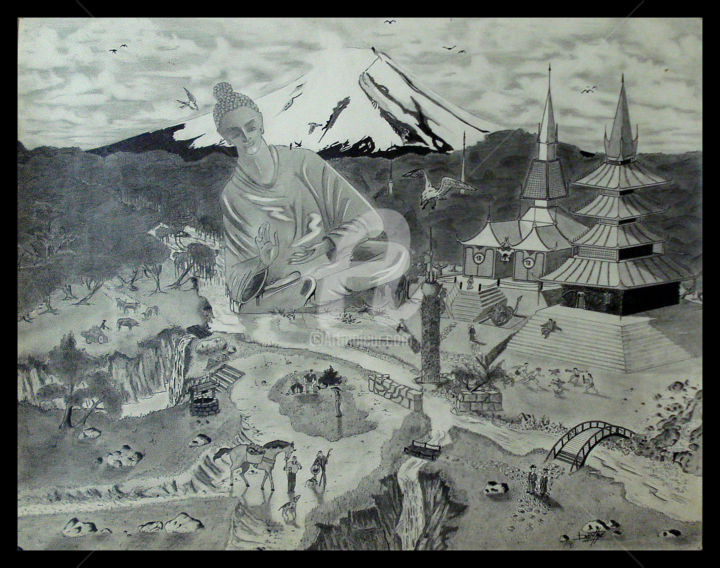 Отпечатки и Гравюры под названием "Fujiyama" - Laurent Berthe, Подлинное произведение искусства, Карандаш