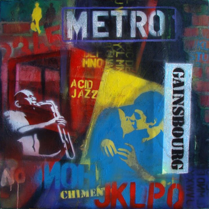 Painting titled "Metro" by Laurent Chimento, Original Artwork, Spray paint Mounted on Wood Stretcher frame