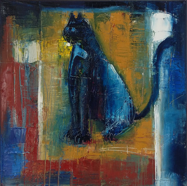 Painting titled "Le chat psychopompe" by Laurent Chimento, Original Artwork