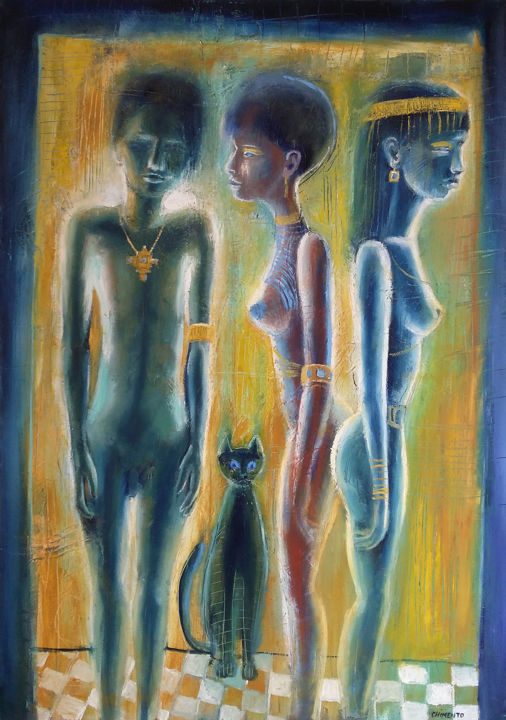 Painting titled "Déités et chat psyc…" by Laurent Chimento, Original Artwork, Oil Mounted on Wood Stretcher frame