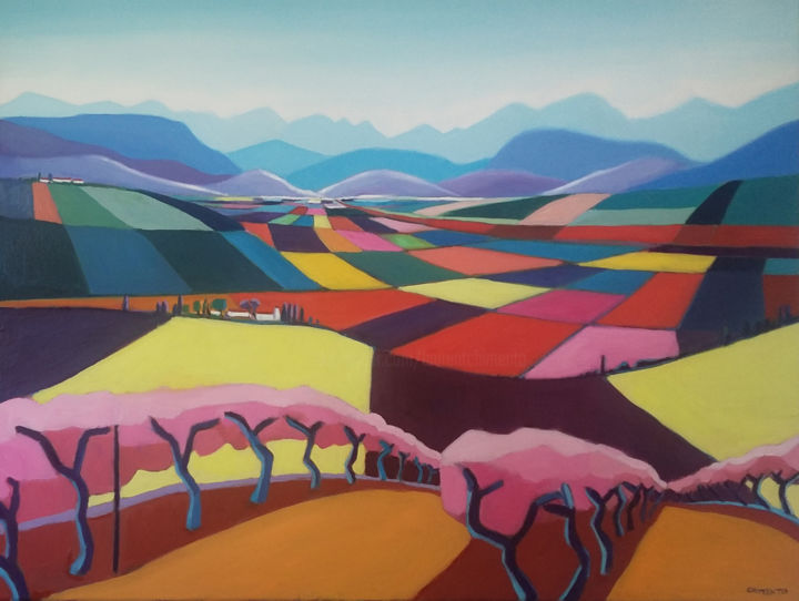 Painting titled "Les vignes roses" by Laurent Chimento, Original Artwork, Oil