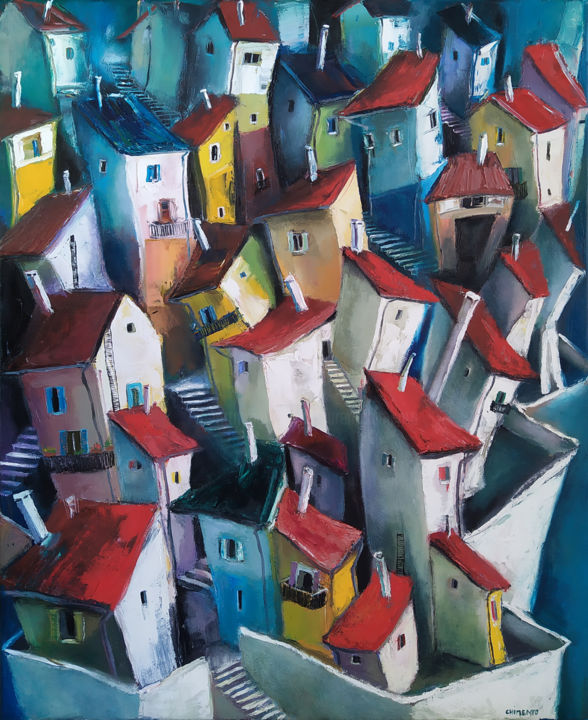 Peinture intitulée "- Ville -" par Laurent Chimento, Œuvre d'art originale, Huile Monté sur Châssis en bois
