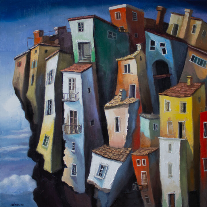 Peinture intitulée "Un village au dessu…" par Laurent Chimento, Œuvre d'art originale, Huile Monté sur Châssis en bois