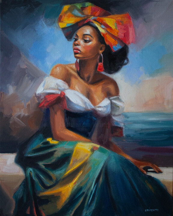 Painting titled "Beauté créole-" by Laurent Chimento, Original Artwork, Oil Mounted on Wood Stretcher frame