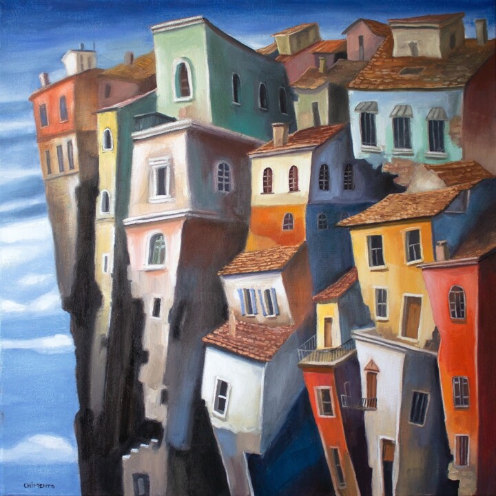 Painting titled "-Un Village au dess…" by Laurent Chimento, Original Artwork, Oil Mounted on Wood Stretcher frame