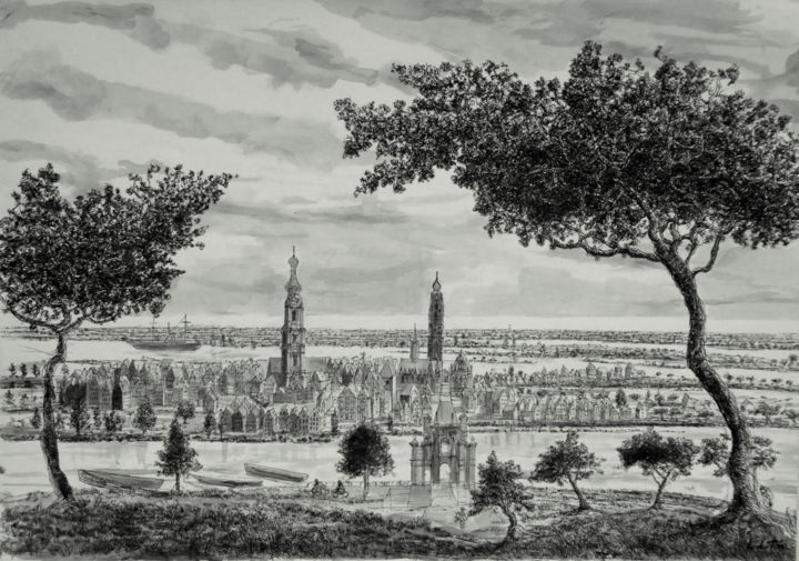 Dessin intitulée "dutch landcape" par Laurent De Troïl, Œuvre d'art originale, Encre