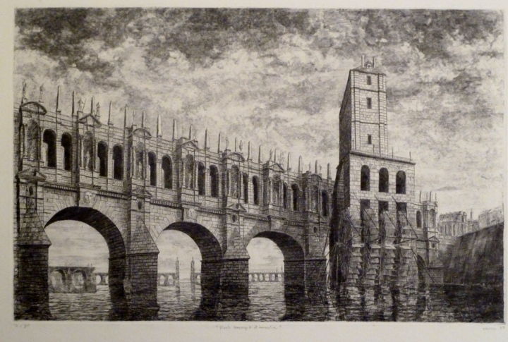 Incisioni, stampe intitolato "Pont et moulins" da Laurent De Troïl, Opera d'arte originale, Acquaforte