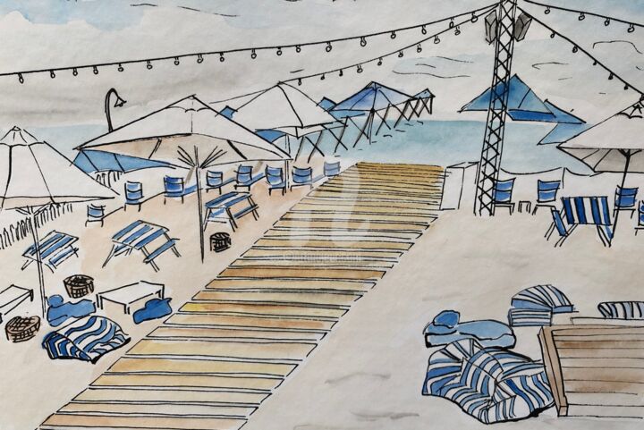 Painting titled "MOSELEY BEACH CLUB" by Laurie Deneux, Original Artwork, Watercolor