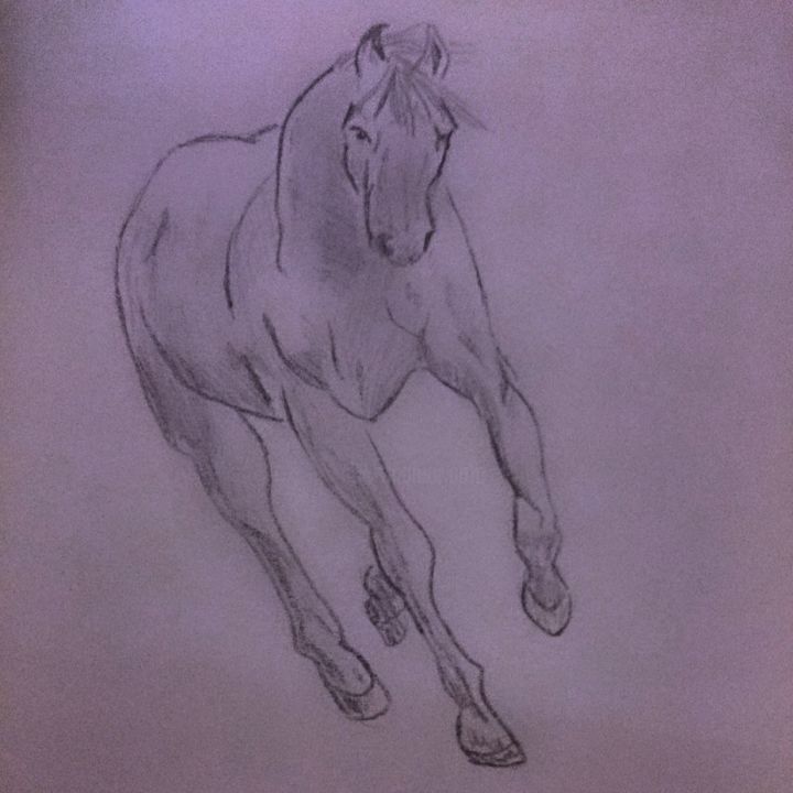 Tekening getiteld "Cheval au galop" door Laurie Deschamps, Origineel Kunstwerk