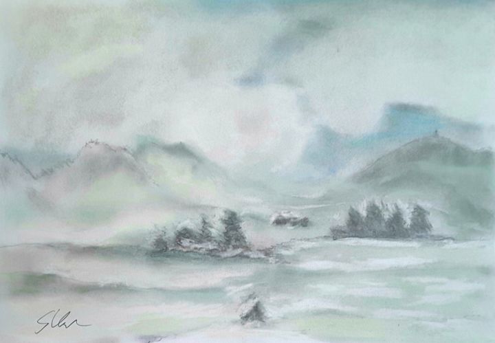Painting titled "Winterlandschaft Wi3" by Sigrid Helmlinger, Original Artwork, Pastel