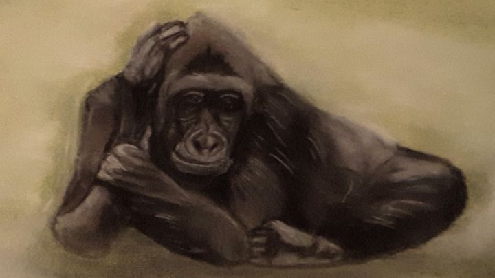 Drawing titled "Affe" by Sigrid Helmlinger, Original Artwork, Chalk