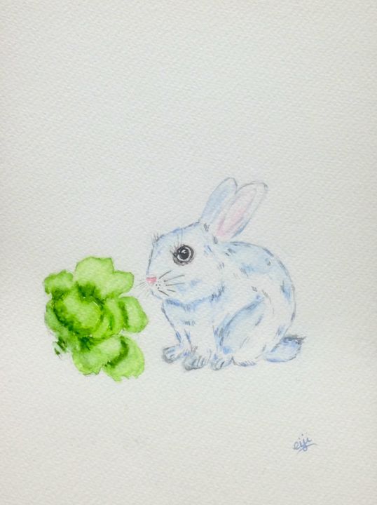 Peinture intitulée "Lapin blanc et sa s…" par Eiji, Œuvre d'art originale, Aquarelle