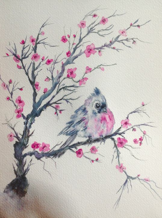 Peinture intitulée "L'oiseau rose et le…" par Eiji, Œuvre d'art originale, Aquarelle