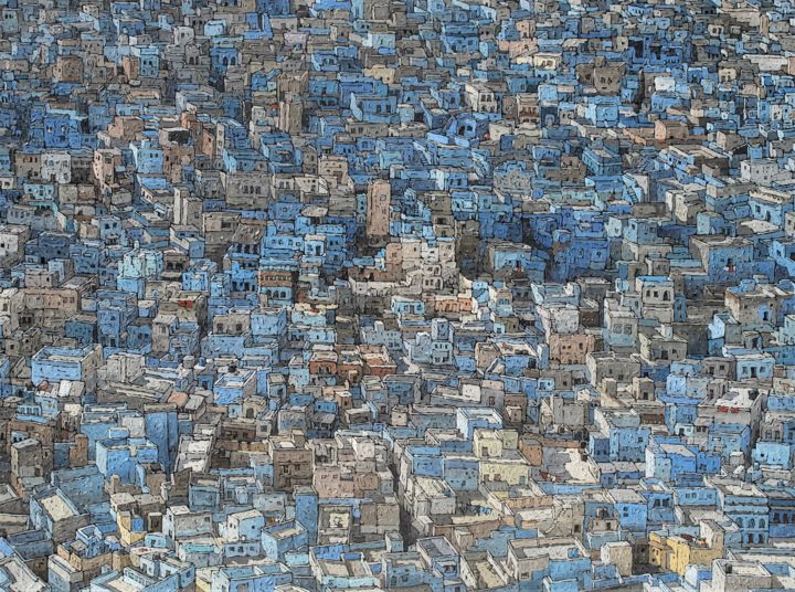 Peinture intitulée "La Ville Bleue" par Olivier Lavorel, Œuvre d'art originale, Huile Monté sur Châssis en bois