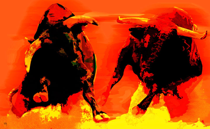 Arts numériques intitulée "angry bulls" par Lawrence, Œuvre d'art originale, Peinture numérique