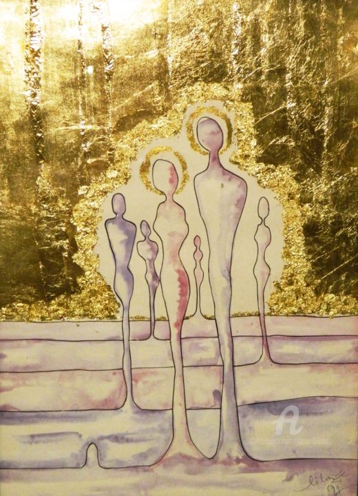 Painting titled "Anges et humains" by Liliana Lazar, Original Artwork, Gouache Mounted on Cardboard
